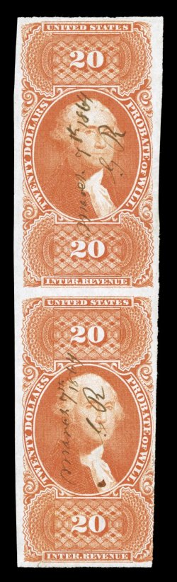 R99a, $20.00 Probate of Will, imperforate, another vertical pair, bright attractive color, mostly large margins, just in at bottom right, 1864 ms. cancels, small closed tear in
bottom margin, otherwise fine-very fine.