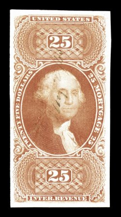 R100a, $25.00 Mortgage, imperforate, a most impressive used example of this scarce revenue, four lavishly large margins, lovely rich color and a crisp impression, light 1863
ms. cancel, extremely fine an uncommonly choice Twenty Five Dollar Mor