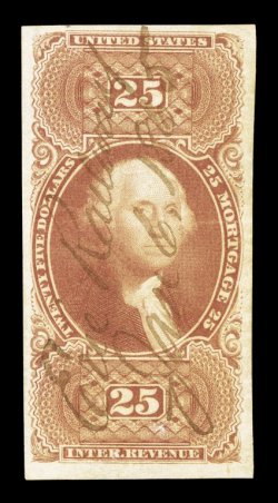 R100a, $25.00 Mortgage, imperforate, lavish margins all around, strong color, 1865 ms. cancels of Eire Railway, light horizontal crease and a tiny corner crease, extremley fine
appearance.