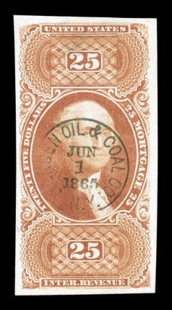 R100a, $25.00 Mortgage, imperforate, four large to extra-large margins, rich color, light centrally struck 1865 Bergen Oil & Coal handstamp, tiny thin speck in the top margins
and a trivial internal crease, otherwise choice very fine.