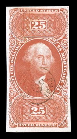 R100a, $25.00 Mortgage, imperforate, lovely color that is exceedingly rich and bright, large to clear margins all around, small light 1863 handstamp c.d.s., tiny tear at right,
very fine appearance.