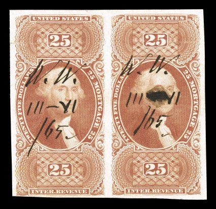 R100a, $25.00 Mortgage, imperforate, horizontal pair, full to mostly large margins around, rich color, 1865 ms. cancels, slight break in the paper on the right stamp from the
cancel, otherwise very fine a rarely offered pair.