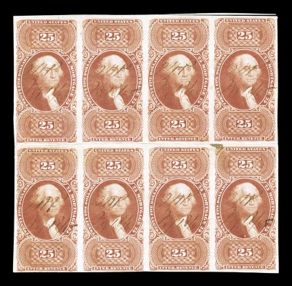 R100a, $25.00 Mortgage, imperforate, block of eight (4x2), formed from two strips of four that were rejoined, close to large margins around, 1865 ms. cancels, small faults,
very fine appearance the largest known multiple of this revenue and t