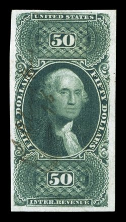 R101a, $50.00 U.S.I.R., imperforate, lovely used example, with large to mostly lavish margins all around, rich luxuriant color and a razor-sharp impression, light ms. cancel,
extremely fine.