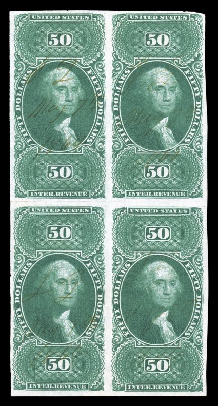 R101a, $50.00 U.S.I.R., imperforate, block of four, mostly large margins all around, lovely rich color and a crisp impression on fresh white paper, light 1864 ms. cancels,
horizontal crease between stamps that ends in a small sealed tear at left