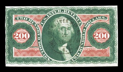 R102a, $200.00 U.S.I.R., imperforate, four margins ranging from close but clearing at left to uncharacteristically large at bottom, especially deep colors and impressions,
light centrally struck 1869 c.d.s. handstamp of Quick Silver Mining Co.,