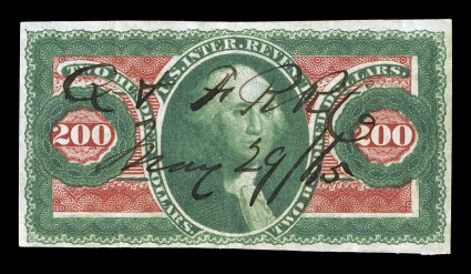 R102a, $200.00 U.S.I.R., imperforate, large margins all around, deep vibrant colors, 1865 ms. railroad cancel, usual vertical crease and small thin, very fine
appearance.