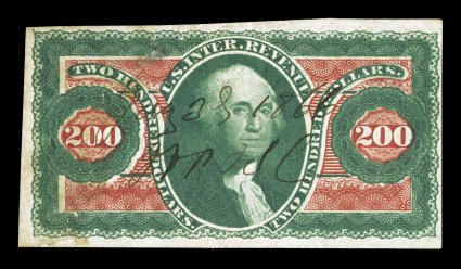 R102a, $200.00 U.S.I.R., imperforate, uncommonly large margins all around, strong rich colors and sharp impressions, 1866 ms. cancel, small faults including a couple minor
surface scuffs, very fine appearance.