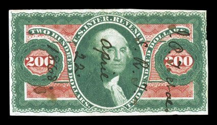 R102a, $200.00 U.S.I.R., imperforate, full margins, cut a little irregular at top right, strong color, 1868 ms. cancel, slight stain at bottom left, very fine
appearance.