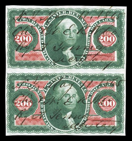R102a, $200.00 U.S.I.R., imperforate, impressive vertical pair, large balanced margins around, outstanding color that is incredibly deep and luxuriant, prooflike impression on
bright paper, neatly cancelled by an 1865 ms. of Chicago and Great