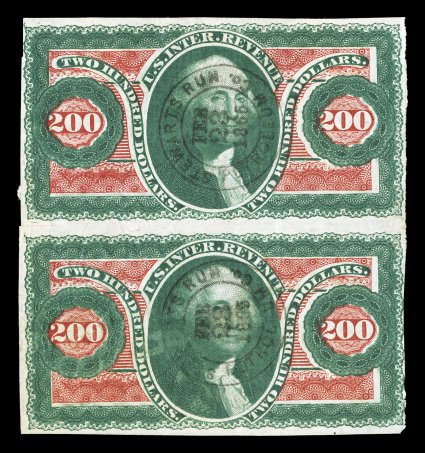 R102a, $200.00 U.S.I.R., imperforate, another scarce vertical pair, margins range from large to just touching the design, rich bright color, each stamp cancelled by a light
centrally struck c.d.s. handstamp of Stewarts Run Petroleum Co. dated Fe