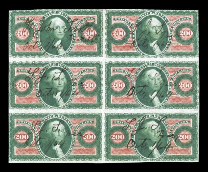 R102a, $200.00 U.S.I.R., imperforate, a very rare block of six (2x3), especially deep color and impression, 1864 ms. cancels, minor creases, top left stamp with tiny stain, top
right stamp with a thin, fine appearance this is the only block of