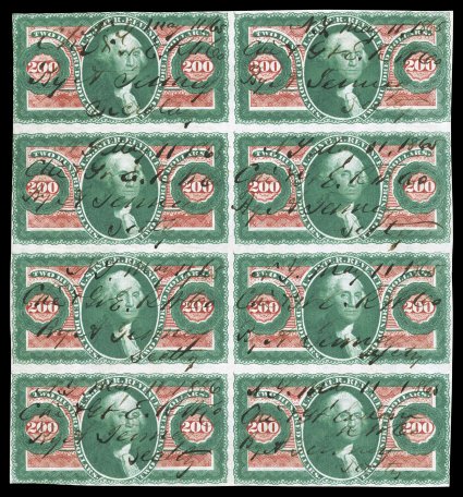 R102a, $200.00 U.S.I.R., imperforate, full sheet of eight, margins ample to just touching at top left, rich vibrant colors and sharp detailed impressions, cancelled by an 1865
ms. of Chicago and Great Eastern Railway Co., faint horizontal cr