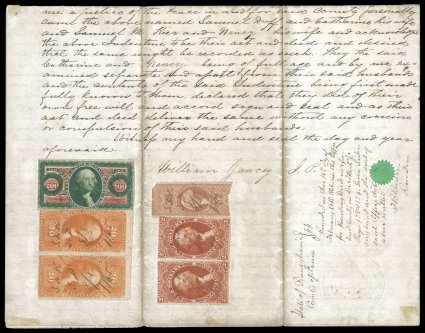 R102a, $200.00 U.S.I.R., imperforate, used on 1865 conveyance of oil lands, along with perforated $2.00 Conveyance pair, $5.00 Probate of Will (faulty) and $20.00 Conveyance
pair, the document conveyed land from Samuel Kier, who was dubbed 