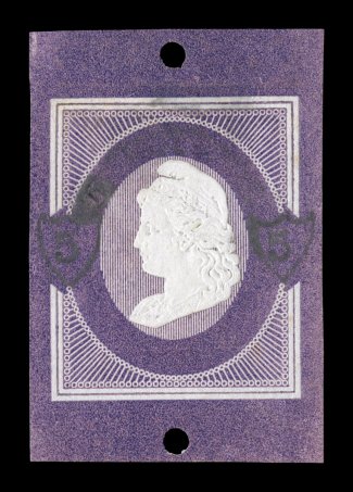 Liberty Head essay on purple surface printed paper, with 5 in shields and white border, 37x45mm, with punched holes at top and bottom, the purple frame line has been scored to
produce a cut-out effect, quite interestingly the frame was printed