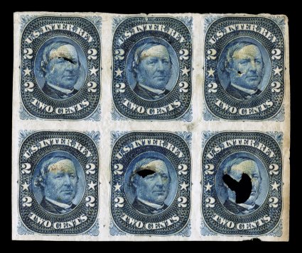 Turner Essay 41-A, 2c U.S.I.R. plate essay in blue, block of six, o.g., each with usual central faults, some of which are due to exploded percussion caps, this being a unique
attempt to prevent re-use of a stamp, the damage ranges from extremely