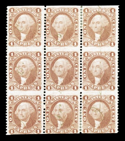 R1b, 1c Express, part perforated, block of nine (3x3), lovely fresh color, light ms. cancels, trivial perf. reinforcing and faint crease in top stamps, otherwise fine-very fine
a scarce block.