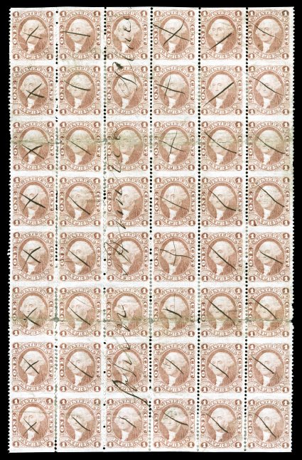 R1b, 1c Express, part perforated, block of 48 (6x8), attractive color, horizontal creases that have caused paper splitting in places (reinforced), minor perf. separations, fine
appearance by far the largest known multiple of this stamp and on