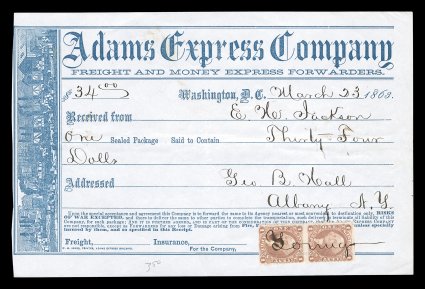 R1b, 1c Express, part perforated, vertical pair tied to 1863 Adams Express Company illustrated receipt, fresh and fine.