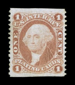 R2b, 1c Playing Cards, part perforate, seldom seen unused example, well centered, strong color, tiny trace of a thin speck in the top margin, light owners handstamp on reverse,
very fine appearance.