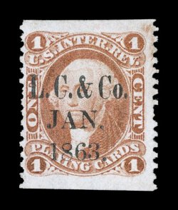 R2b, 1c Playing Cards, part perforate, rich color, cancelled by L.C. & Co.Jan.1863. printed cancel, short perf. at right, otherwise a fine example with a desirable
cancel.