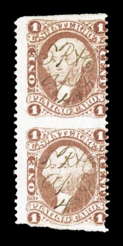 R2b, 1c Playing Cards, part perforate, vertical pair, irregularly cut at bottom, strong rich color, neat ms. cancels, fine for this rarity.