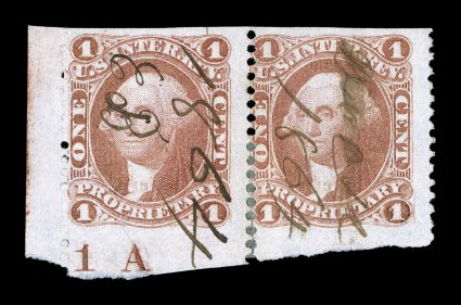 R3b, 1c Proprietary, part perforate, imperforate horizontally, bottom left margin horizontal pair with plate no. 1A in the bottom margin, bright color, 1864 ms. cancels, some
perf. reinforcing at bottom, fine.