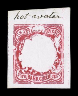 Turner Essay 42-A, 2c Bank Check frame essay in red on white laid paper, with the central part on tissue paper affixed to the reverse, with ms. hot water at top, very fine a
most unusual essay and the rarest of the Henry Lowenberg Decalcomania