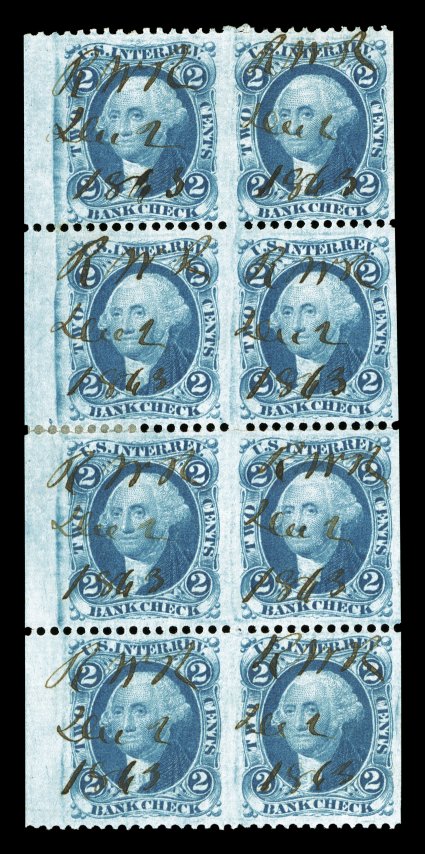 R5b, 2c Bank Check, part perforate, another block of eight (2x4), this also with a wide left sheet-margin, 1863 ms. cancel, minor perf. separation, very fine the largest known
multiple in the vertically imperforate format.