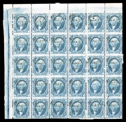 R5b, 2c Bank Check, part perforate, imperforate horizontally, top left sheet-margin reconstructed block of 30, consisting of three rejoined blocks of ten, bright color, some
mild creasing, fifth stamp on top row defective, fine appearance the