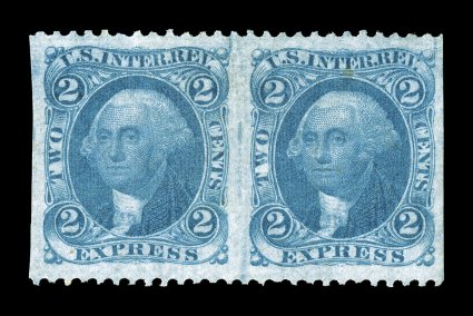 R9b, 2c Express, part perforate, imperforate vertically, horizontal pair, extraordinarily well centered and margined, bright fresh color, faintly cancelled, extremely fine much
more elusive in this imperforate vertically format.