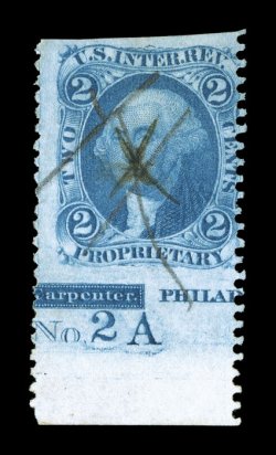 R13b, 2c Proprietary, part perforated, bottom margin single with partial imprint and plate No. 2A, rich color, ms. cancel, faint trace of a crease, fine a rare plate number
single.