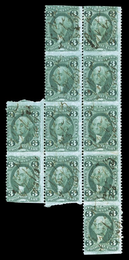 R18b, 3c Proprietary, part perforate, irregular block of eleven, strong rich color, 1864 ms. cancels, minor creasing, otherwise fine an important part-perforate multiple that
is  the largest known multiple of this revenue and the only one lar