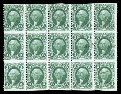 R19b, 3c Telegraph, part perforate, block of fifteen (5x3), bright fresh color, light 1862 ms. cancels, some very mild creases and hinge reinforced perfs., overall a fine and
attractive large multiple.