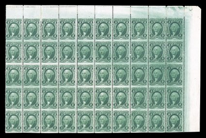 R19b, 3c Telegraph, part perforate, showpiece mint top right corner sheet-margin block of 50 (10x5), representing the top right quarter of the sheet, rich luxuriant color, full
original gum, a couple trivial creases and a few stamps in the middl