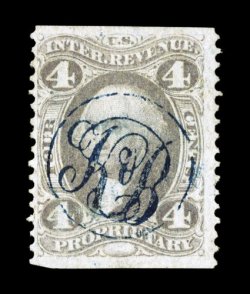 R22b, 4c Proprietary, part perforate, pastel gray shade, cancelled by a complete strike of a fancy blue monogram handstamp, two small thin spots, fine appearance a most
attractive and desirable cancel on this scarce stamp.
