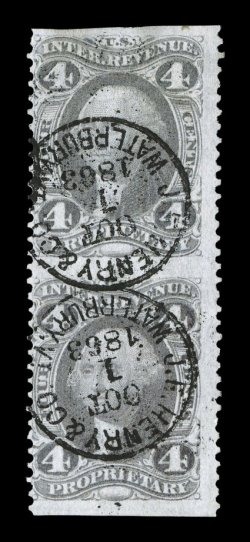 R22b, 4c Proprietary, part perforate, vertical pair, strong color, two neat strikes of J.F. Henry & Co., Waterbury, Vt., 1863 c.d.s. handstamps, fine a very scarce part
perforate pair.