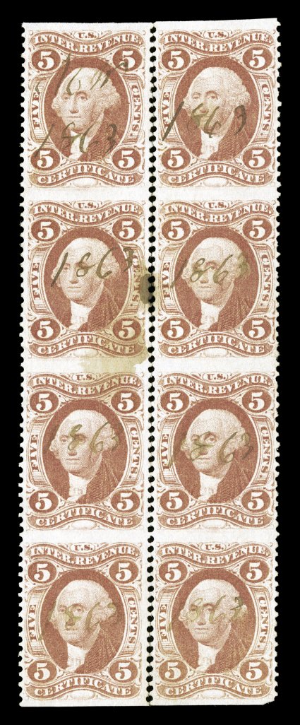 R24b, 5c Certificate, part perforate, block of eight (2x4), with vertical perfs. rejoined, strong color, 1863 ms. cancels, light stain affects two left stamps, fine appearance
a very scarce multiple.