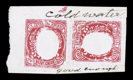 Turner Essay 42-A, 2c Bank Check frame essay in red on white laid paper, with the central part on tissue paper affixed to the reverse, similar to the above essay, but in a pair
with one sideways, ms. cold water and good enough, very fine