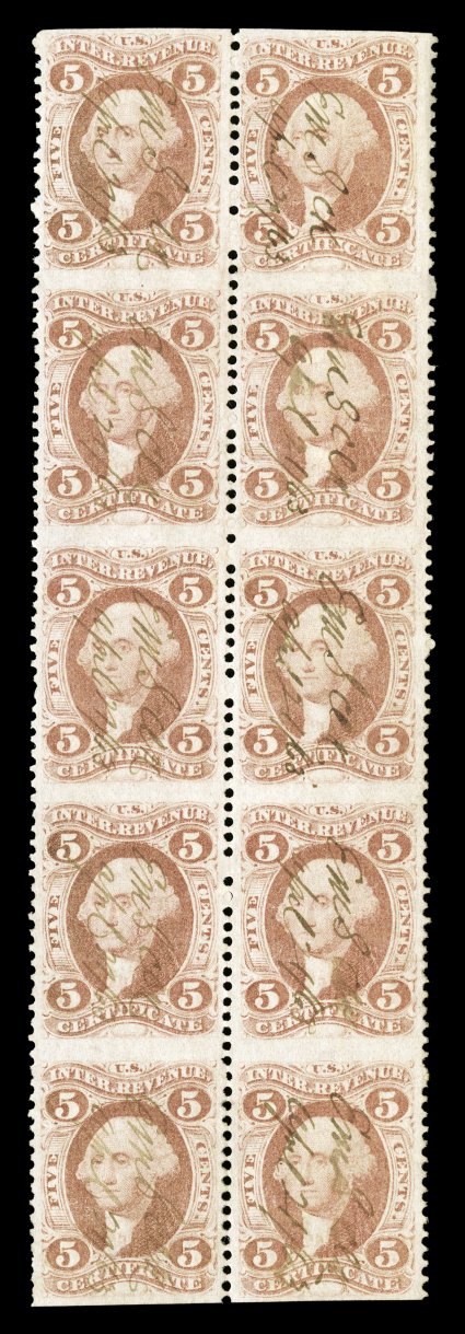 R24b, 5c Certificate, part perforate, block of ten (2x5), unusually well centered, attractive color, 1863 ms. cancels, a couple minor horizontal creases and shallow thin spot
at top, very fine appearance this is the largest known multiple, be