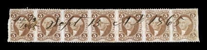 R25b, 5c Express, part perforate, imperforate vertically, horizontal strip of seven, well centered, rich fresh color, 1865 ms. cancels, some of the original document still
adheres to the back, barest trace of a vertical crease through the middle