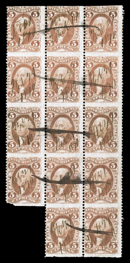 R25b, 5c Express, part perforate, irregular block of fourteen, 1870 ms. cancels that are slightly smudged in places, minor creasing, fine there is only one larger multiple
known (a reconstructed block of twenty).