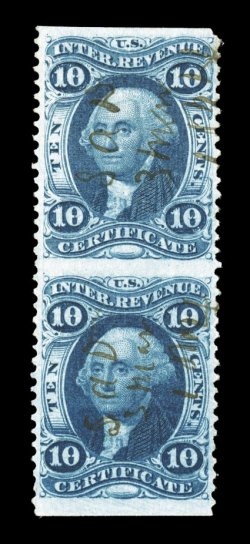 R33b, 10c Certificate, part perforated, imperforate horizontally, vertical pair, nicely centered, deep rich color on fresh paper, light ms. cancel, faint crease between the
stamps, otherwise a very fine example of this scarce part perforate.