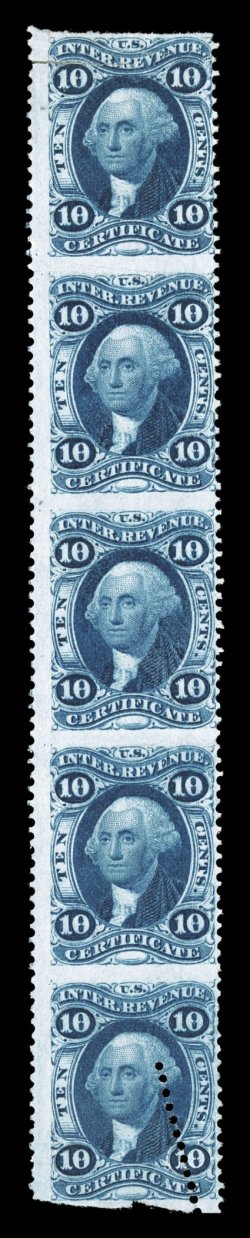 R33b, 10c Certificate, part perforated, imperforate horizontally, vertical strip of five, eye-arresting color that is incredibly deep and prooflike, bottom stamp with freak
diagonal perforations, top stamp with a tear, fresh and fine appearance