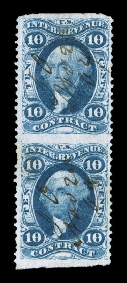 R34b, 10c Contract, part perforate, vertical pair, deep color on fresh white paper, nicely centered, light 1864 ms. cancels, short perf. at right, very fine a scarce part
perforate pair.