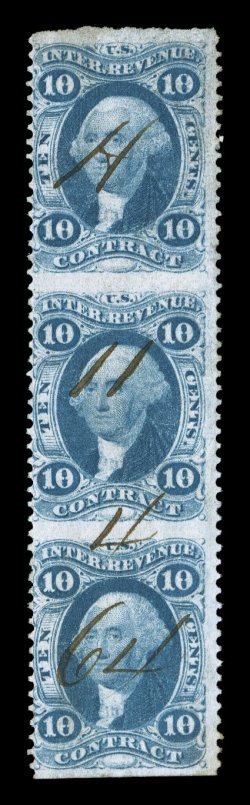 R34b, 10c Contract, part perforate, vertical strip of three, rich color, 1864 ms. cancel, fine one of only four recorded multiples larger than a pair.