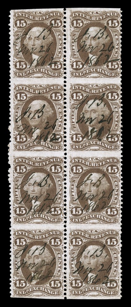 R40b, 15c Inland Exchange, part perforate, block of eight (2x4), lovely rich color, 1862 ms. cancels, faint horizontal crease, otherwise a fresh and fine
block.