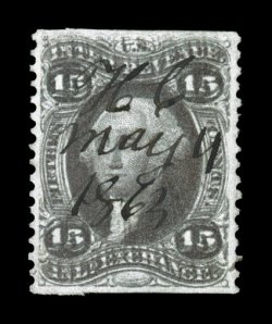 R40be, 15c Inland Exchange, part perforated, double impression, desirable example of this rare and striking error, showing two complete distinct impressions, well centered,
strong color, 1863 ms. cancel, at the bottom left there is a faint score