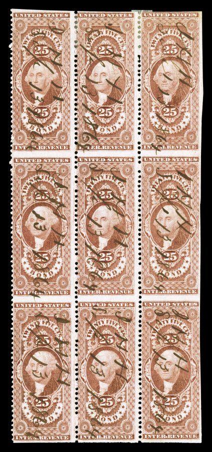 R43b, 25c Bond, part perforate, block of nine (3x3), excellent rich color, 1864 ms. cancels, a few reinforced perfs., fine the largest known multiple, with this and the
following lot representing two of the three recorded blocks of nine.