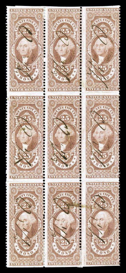 R43b, 25c Bond, part perforate, another block of nine (3x3), strong color and impression, horizontal creases between stamps, the bottom one reinforced at left, overall fine
appearance the largest recorded multiple of this stamp.